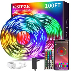 ksipze 100ft led strip lights (2 rolls of 50ft) rgb music sync color changing,bluetooth led lights with smart app control remote,led lights for bedroom room lighting flexible home decor
