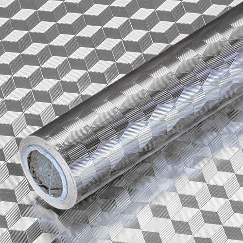 Self Adhesive Kitchen Backsplash Wallpaper, Oil Proof Aluminum Foil Kitchen Sticker Heat Resistant Peel and Stick Contact Paper for Countertop Shelf Liner Drawer Liner (15.7x118 inch)