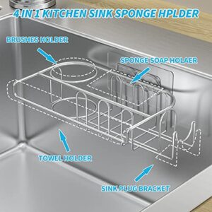 Yazoni 4 in 1 Sponge Holder for Kitchen Sink, Sponge Holder + Brush Holder + Dishcloth Hanger + Sink Stopper Holder with 2 Installation Ways, No Drilling Adhesive Sink Caddy Kitchen Sink Organizer