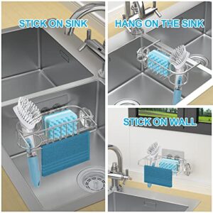 Yazoni 4 in 1 Sponge Holder for Kitchen Sink, Sponge Holder + Brush Holder + Dishcloth Hanger + Sink Stopper Holder with 2 Installation Ways, No Drilling Adhesive Sink Caddy Kitchen Sink Organizer