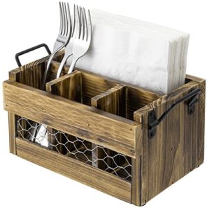 MyGift Rustic Brown Wood Utensil Holder and Napkin Rack with Black Metal Carry Handles and Chicken Wire Front Panel, Dining Flatware Cutlery Storage Caddy