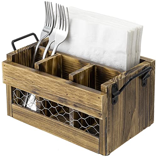 MyGift Rustic Brown Wood Utensil Holder and Napkin Rack with Black Metal Carry Handles and Chicken Wire Front Panel, Dining Flatware Cutlery Storage Caddy