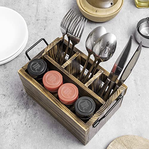 MyGift Rustic Brown Wood Utensil Holder and Napkin Rack with Black Metal Carry Handles and Chicken Wire Front Panel, Dining Flatware Cutlery Storage Caddy