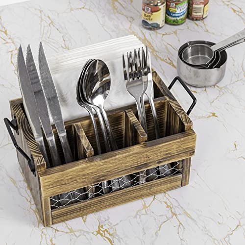 MyGift Rustic Brown Wood Utensil Holder and Napkin Rack with Black Metal Carry Handles and Chicken Wire Front Panel, Dining Flatware Cutlery Storage Caddy