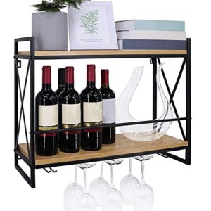 uyoyous Industrial Wine Racks 23.6 Inch Wall Mounted Wine Rack with Wine Bottles and Glass Holder 2-Tier Rustic Metal Hanging Wine Storage Display Shelf for Home Restaurant Bar