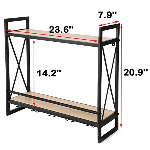 uyoyous Industrial Wine Racks 23.6 Inch Wall Mounted Wine Rack with Wine Bottles and Glass Holder 2-Tier Rustic Metal Hanging Wine Storage Display Shelf for Home Restaurant Bar