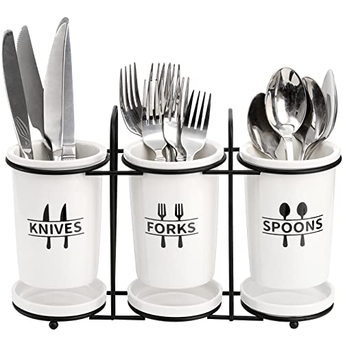 Fasmov Flatware Holder, 3 Pack Utensil Holder Ceramic Flatware Caddy with Metal Rack, Flatware Caddy White Ceramic Cutlery Organizer for Forks, Spoons, Knives(Random Knife Fork Spoon Pattern)