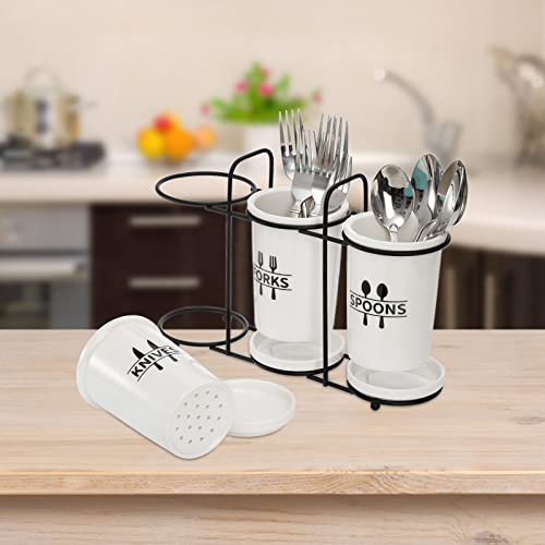 Fasmov Flatware Holder, 3 Pack Utensil Holder Ceramic Flatware Caddy with Metal Rack, Flatware Caddy White Ceramic Cutlery Organizer for Forks, Spoons, Knives(Random Knife Fork Spoon Pattern)