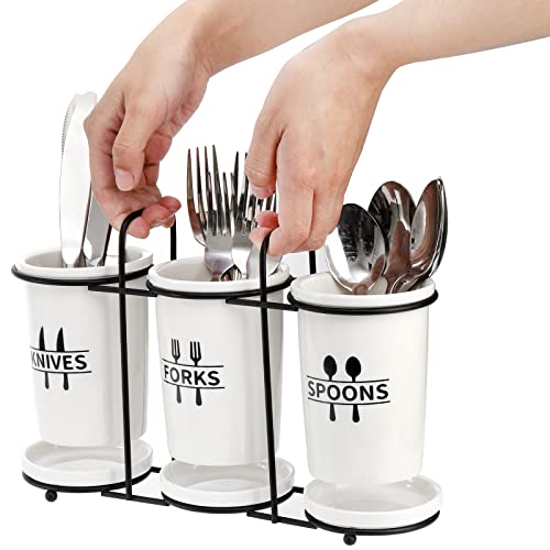 Fasmov Flatware Holder, 3 Pack Utensil Holder Ceramic Flatware Caddy with Metal Rack, Flatware Caddy White Ceramic Cutlery Organizer for Forks, Spoons, Knives(Random Knife Fork Spoon Pattern)