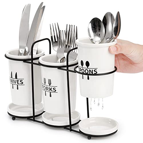 Fasmov Flatware Holder, 3 Pack Utensil Holder Ceramic Flatware Caddy with Metal Rack, Flatware Caddy White Ceramic Cutlery Organizer for Forks, Spoons, Knives(Random Knife Fork Spoon Pattern)