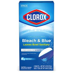 clorox ultra clean toilet tablets bleach & blue, rain clean scent 2.47 ounces each, 4 count (package may vary)