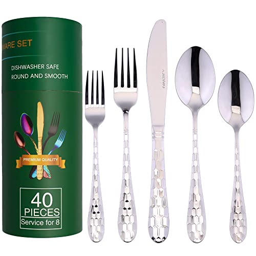 40-Piece Silverware Set for 8, Durable 18/10 Stainless Steel Flatware Set, Premium Home Kitchen Eating Tableware Cutlery Utensil Set for Gift, Include Fork Knife Spoon Set, Dishwasher Safe (Silver)