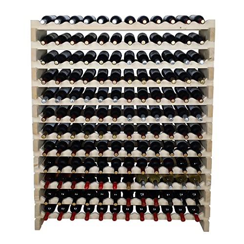 Stackable Modular Wine Rack Freestanding Storage Stand Display Shelves, Thick Wood Natural 12 X 12 Rows 144 Slots