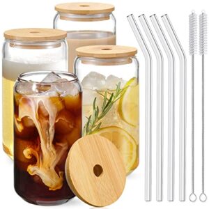 drinking glasses with bamboo lids and glass straw 4pcs set – 16oz can shaped glass cups, beer glasses, iced coffee glasses, cute tumbler cup, ideal for cocktail, whiskey, gift – 2 cleaning brushes