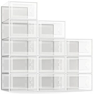 see spring large 12 pack shoe storage box, clear plastic stackable shoe organizer for closet, space saving foldable shoe rack sneaker container bin holder