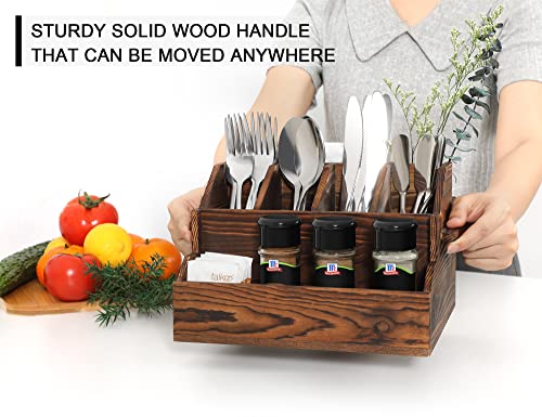 Innovation Silverware Caddy, Flatware Caddy, 7-Compartment Wooden Utensil Caddy Silverware with Handles for Spoons, Knives, Forks, Napkins, Vintage Brown