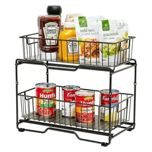 caxxa 2 tier sliding cabinet basket organizer, bathroom pull-out drawer organizer, space saving with handles (medium, bronze)