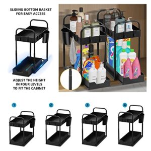 Under Sink Organizer 2 Pack 2 Tier Under The Sink Organizer Adjustable Height Bathroom Organizer Under Sink With Hanging Cups Under Kitchen Sink Organizers And Storage