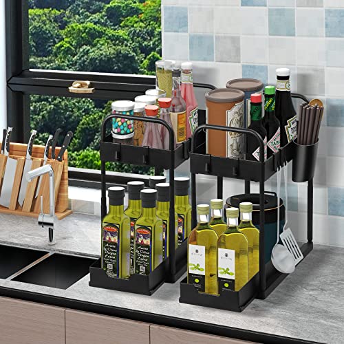 Under Sink Organizer 2 Pack 2 Tier Under The Sink Organizer Adjustable Height Bathroom Organizer Under Sink With Hanging Cups Under Kitchen Sink Organizers And Storage