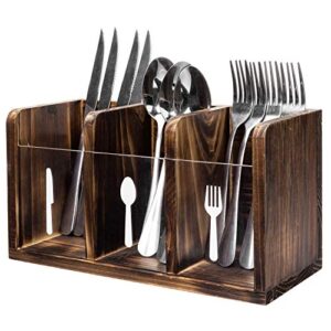 mygift torched wood flatware caddy with clear acrylic front panel, dining utensils holder, cutlery storage organizer bin with fork, spoon and knife labels