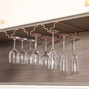 mygift modern copper tone metal frame under cabinet stemware wine glass holder, stemmed flute, champagne, red, white wine glass hanger rack, set of 3