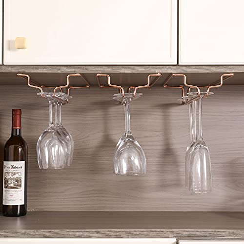 MyGift Modern Copper Tone Metal Frame Under Cabinet Stemware Wine Glass Holder, Stemmed Flute, Champagne, Red, White Wine Glass Hanger Rack, Set of 3