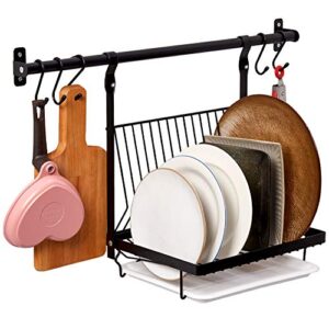 ezoware kitchen wall mount utensil holder organizer set, 23.6 ich hanging rail rod, foldable dish rack with drain board and 5 s hooks for hanging plates, pots, pans, lids, utensils – black