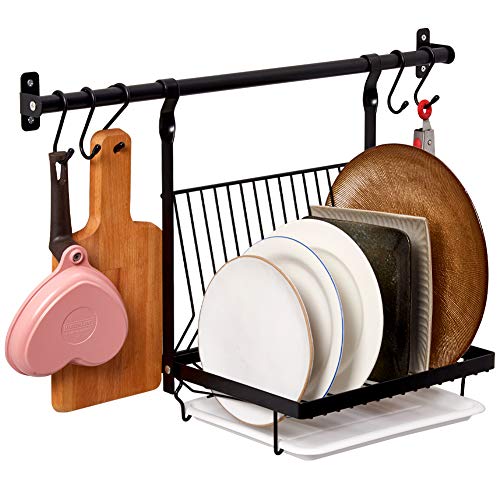 EZOWare Kitchen Wall Mount Utensil Holder Organizer Set, 23.6 ich Hanging Rail Rod, Foldable Dish Rack with Drain Board and 5 S Hooks for Hanging Plates, Pots, Pans, Lids, Utensils - Black