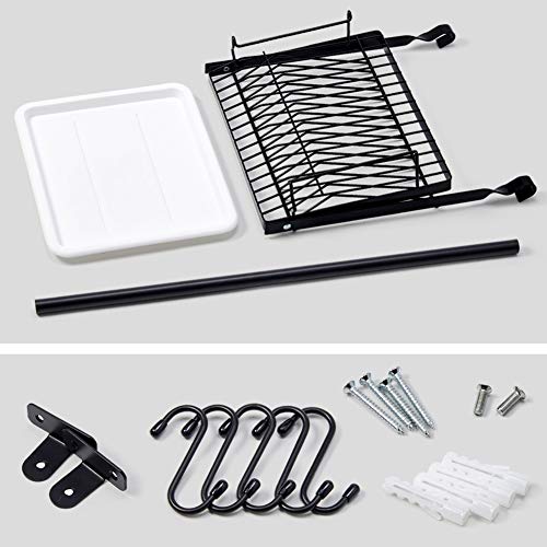 EZOWare Kitchen Wall Mount Utensil Holder Organizer Set, 23.6 ich Hanging Rail Rod, Foldable Dish Rack with Drain Board and 5 S Hooks for Hanging Plates, Pots, Pans, Lids, Utensils - Black