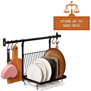 EZOWare Kitchen Wall Mount Utensil Holder Organizer Set, 23.6 ich Hanging Rail Rod, Foldable Dish Rack with Drain Board and 5 S Hooks for Hanging Plates, Pots, Pans, Lids, Utensils - Black