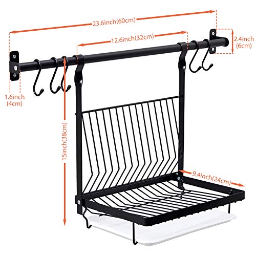 EZOWare Kitchen Wall Mount Utensil Holder Organizer Set, 23.6 ich Hanging Rail Rod, Foldable Dish Rack with Drain Board and 5 S Hooks for Hanging Plates, Pots, Pans, Lids, Utensils - Black