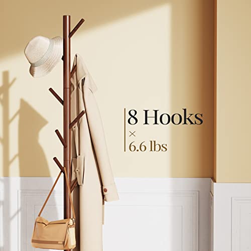 Pipishell Coat Rack, Wooden Coat Rack Stand with 3 Height Options and 8 Hooks, Sturdy Freestanding Coat Rack for Clothes/Bags/Hats, Coat Rack for Home/Office/Entryway/Hallway, PIWCR01, Brown