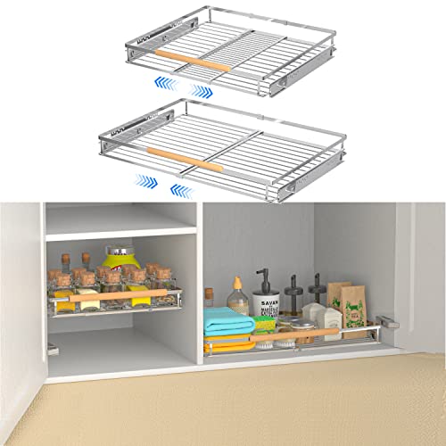 2 Pack Expandable Pull Out Cabinet Drawer Organizer, 16.3~26.3"W x 17"D Heavy Duty Cabinet Organizers and Storage,Expandable Width Cabinet Pull Out Shelves for Kitchen Cabinets, Chrome Finish (2 Pack)