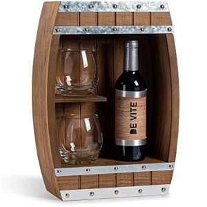 wooden wine barrel display – pinewood display case with sliding cover ideal for wine whiskey scotch & more – 2 built-in shelves for stemless wine or rocks glasses, a gift for wedding or any occasion