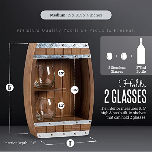 Wooden Wine Barrel Display - Pinewood Display Case with Sliding Cover Ideal for Wine Whiskey Scotch & More - 2 Built-In Shelves for Stemless Wine or Rocks Glasses, A Gift for Wedding or Any Occasion