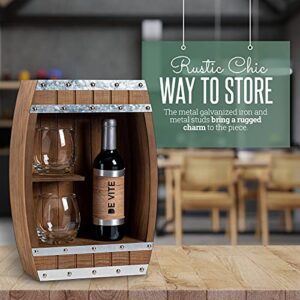 Wooden Wine Barrel Display - Pinewood Display Case with Sliding Cover Ideal for Wine Whiskey Scotch & More - 2 Built-In Shelves for Stemless Wine or Rocks Glasses, A Gift for Wedding or Any Occasion