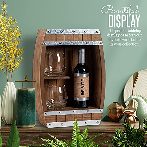 Wooden Wine Barrel Display - Pinewood Display Case with Sliding Cover Ideal for Wine Whiskey Scotch & More - 2 Built-In Shelves for Stemless Wine or Rocks Glasses, A Gift for Wedding or Any Occasion