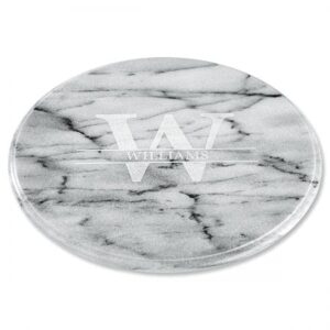 laurel initial white marble personalized lazy susan – etched 12-inch diameter turntable tray, kitchen counter and dining room table stand, smooth rotating base, white, by lillian vernon