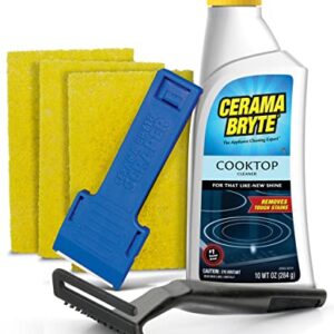 Cerama Bryte Combo Kit POW-R Grip, Scraper, Pads & Removes Tough Stains Cooktop and Stove Top Cleaner for Glass - Ceramic Surfaces, 10 Ounces, 6 Piece