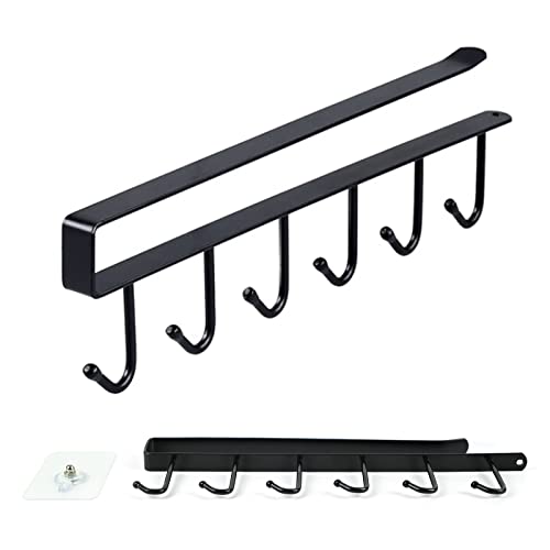 6-Hook Adhesive Mug Holder for Kitchen Cabinet/Kitchen Utensils/Brush/Cups,Fit for 0.8" Thickness Shelf or Less(2pcs Black)