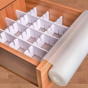 shelf liner, raydior drawer liner non-slip washable, 12in×20ft cabinet liner non-adhesive shelf liners for kitchen cabinets, wire shelves, refrigerator liners come with 6pcs drawer divider (clear)