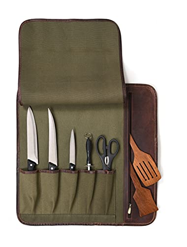 Chef Kniferoll Bag Leather and Waxed Canvas (Olive Green)