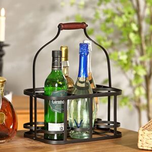 Metal Wine Bottle Carrier 6 Bottle Wine Carrier with Wood Handle Farmhouse Metal Wine Rack Basket Caddy Decorative Wine Display Stand for Wedding Bar BBQ Picnic Red White Wine Milk Storage (Black)