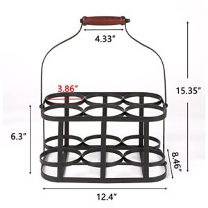 Metal Wine Bottle Carrier 6 Bottle Wine Carrier with Wood Handle Farmhouse Metal Wine Rack Basket Caddy Decorative Wine Display Stand for Wedding Bar BBQ Picnic Red White Wine Milk Storage (Black)