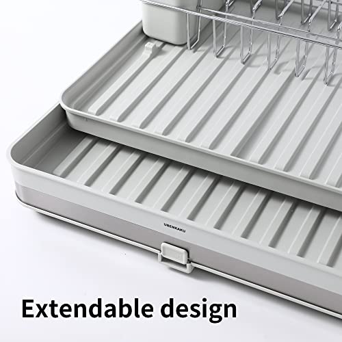 UBENKAKU Dish Drying Rack Dish Rack Stainless Steel Auto-Drain, Expandable Utensil Holder with Cup Holder for Kitchen Counter 14.2" L× 12" W× 3" H, Grey