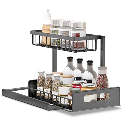 2-Tier Under Sink Slide Out Organizer, Pull Out Cabinet Storage Shelf with Sliding Storage Wire Basket Drawer for Bathroom Kitchen, Countertop or Pantry Storage shelf, Black