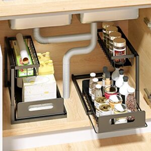 2-Tier Under Sink Slide Out Organizer, Pull Out Cabinet Storage Shelf with Sliding Storage Wire Basket Drawer for Bathroom Kitchen, Countertop or Pantry Storage shelf, Black