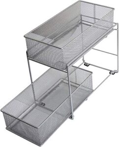 ybm home silver 2 tier mesh sliding spice and sauces basket cabinet organizer drawer 2304