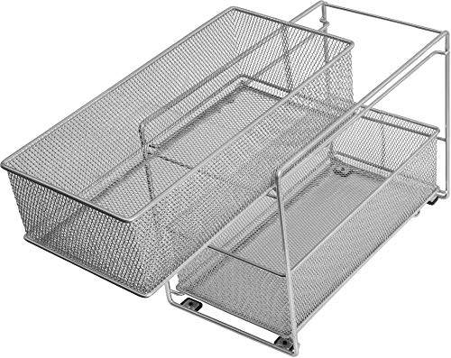 YBM Home Silver 2 Tier Mesh Sliding Spice and Sauces Basket Cabinet Organizer Drawer 2304