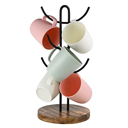 Tribello Coffee Mug Holder for Counter, Coffee Mug Tree Organizer for Kitchen - 6 Cup Holder - Modern Farmhouse Coffee Bar Accessories Steady Mug Tree Stand